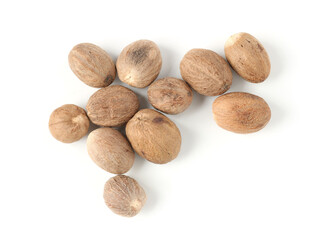 Fresh nutmegs isolated on white, top view