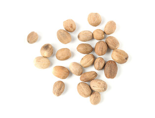 Fresh nutmegs isolated on white, top view