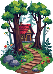 a small house in the middle of a forest