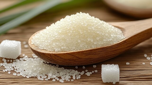 Granulated sugar in wooden spoon