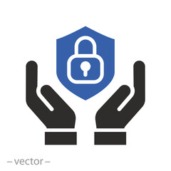 hands with shield, secured icon, flat vector illustration