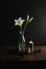 Elegant Still Life White Lily, Candle, and Black Ribbon