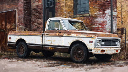 Fototapeta premium Rustic Oil Painting of Old White Truck in Industrial Scene with Brick Building