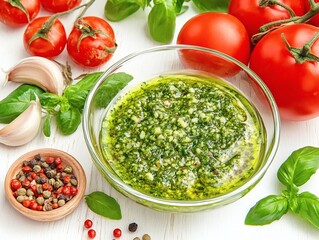 A bowl of pesto sauce with basil, garlic and tomatoes around. Realistic food scene.