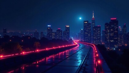 Geometric late night cityscape, dark angular shapes, sharp lines , geometric pattern, lines, urban design