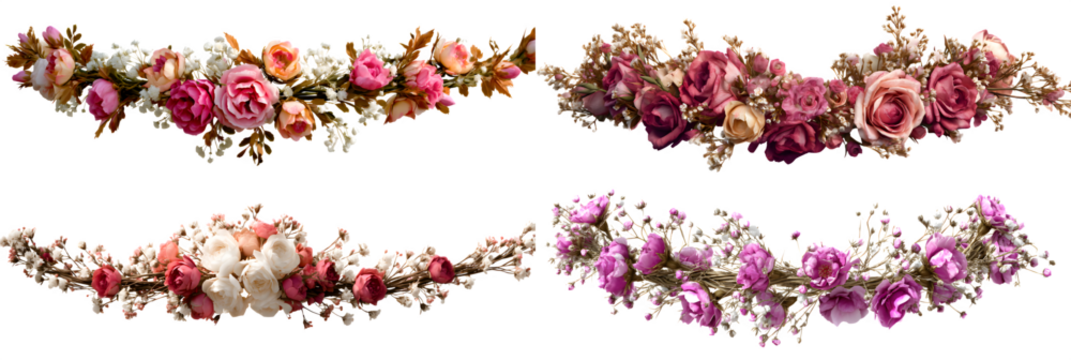 floral headband made of intertwined wildflowers, roses, and baby?s breath, boho aesthetic with realistic texture, ideal for portrait overlays, isolated to transparent background