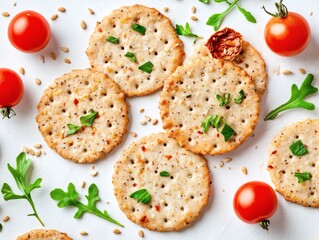 Rounded crackers arranged with herbs, tomatoes, and sesame. Realistic food scene.