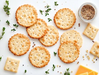 Rounded cheese crackers with herbs and cheder slices. Realistic food scene.