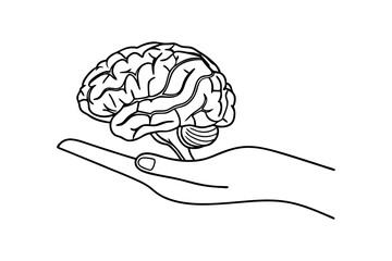 Two hands supporting a human brain line art