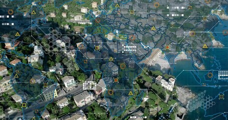 Starting with aerial sweep, Mediterranean town revealing digital overlays for geospatial analysis - Powered by Adobe