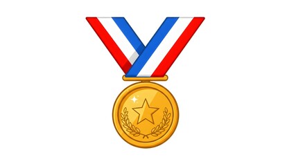 Golden first place award medal with red and b lue ribbon, a symbol of sport success and victory for the champion winner