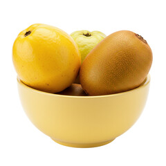 Fototapeta premium Bowl filled with guava, kiwi, and yellow fruit creates a delightful fruit medley on white ground