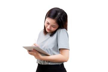 A woman multitasking by talking on the phone while writing on a tablet with a stylus.