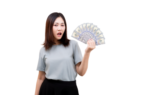 A woman holds a fan of US dollar bills, displaying a surprised or excited expression.