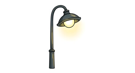 Old metal street lamp with a bright bulb isolated on white