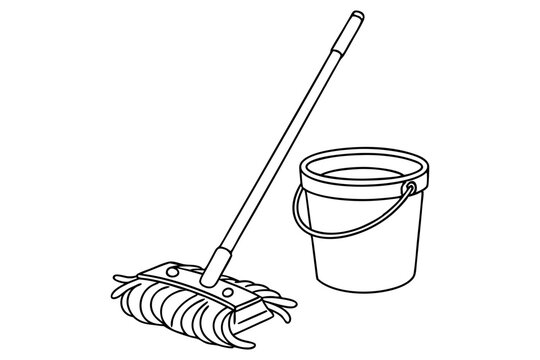 black and white mop and bucket cleaning clip art preview