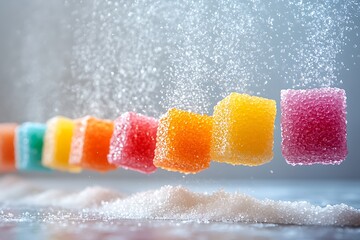 Rainbow sugar coated jelly cubes falling sweet treats