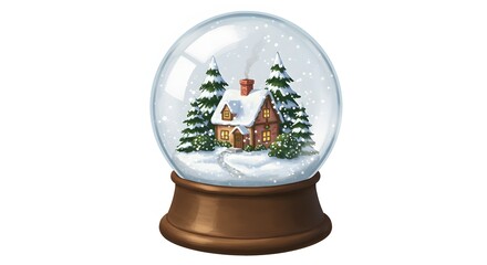 glass snow globe with pine trees and a little house inside, isolated on white