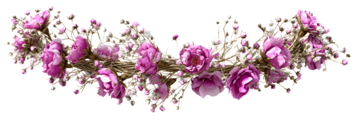 floral headband made of intertwined wildflowers, roses, and baby?s breath, boho aesthetic with realistic texture, ideal for portrait overlays, isolated to transparent background