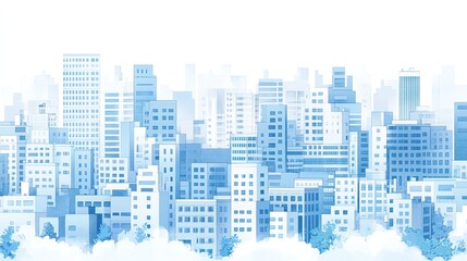 Skyline Cityscape with Buildings, Towers, Tree Line, and a Soft Blue Hue