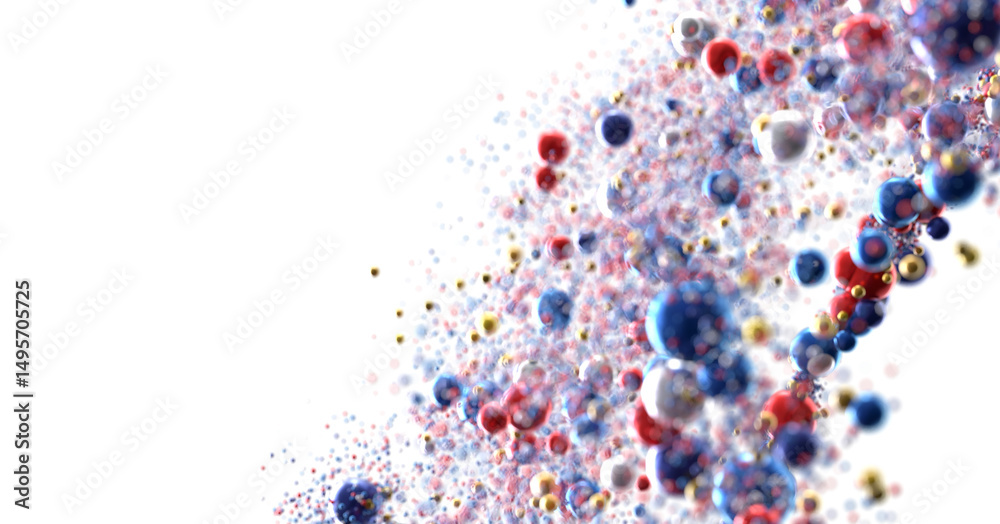Poster abstract 3d render of red blue gold spheres floating on white background