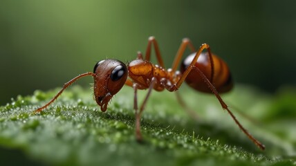 Close-up of red ant on green leaf
