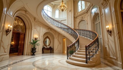 sophisticated spiral staircase photographed from a low angle in a marble clad foyer, in a luxurious architecture photography style, with warm beige tones, soft ambient light, high resolution