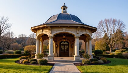 Fototapeta premium sophisticated stone pavilion photographed from a three quarter angle in a landscaped garden, in a luxurious architecture photography style, with earth tones, golden afternoon light, high resolution
