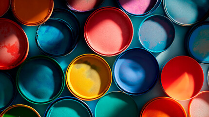 Colorful circular paint palettes arranged in artistic top view
