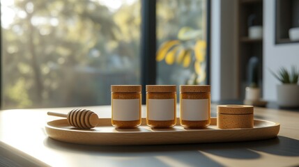 Honey jars on wooden tray.  Sunlight streams through window