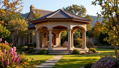 Fototapeta premium sophisticated stone pavilion photographed from a three quarter angle in a landscaped garden, in a luxurious architecture photography style, with earth tones, golden afternoon light, high resolution