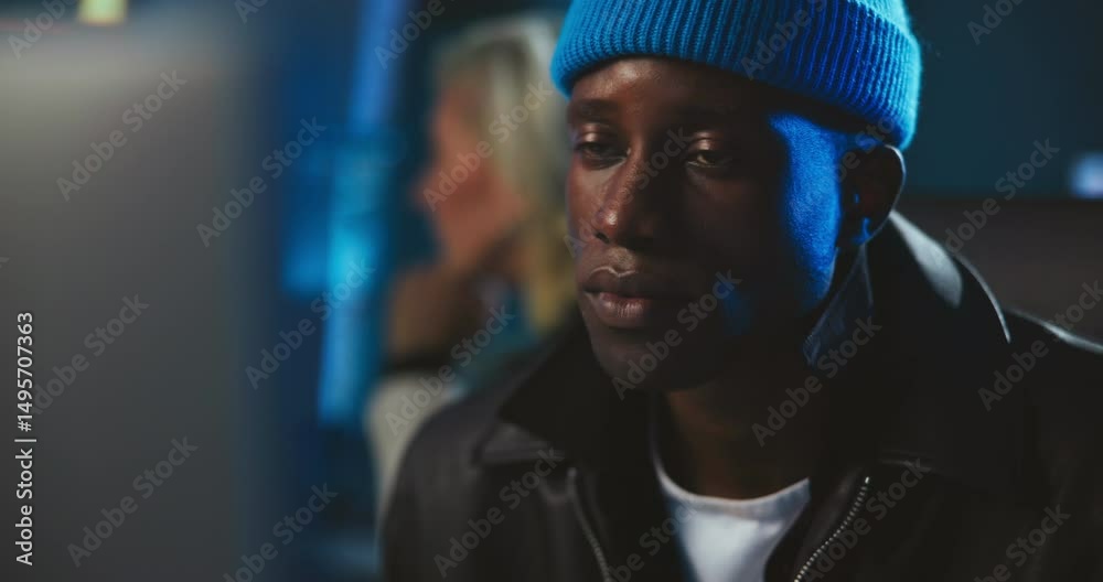 Poster Computer, night and man in office for online coding, programming, software update and cybersecurity. Professional, working late and person on pc for website development, user interface and AI system