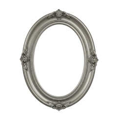 Fototapeta premium Intricate silver frame in the oval shape on black backdrop, decorative corners with floral patterns