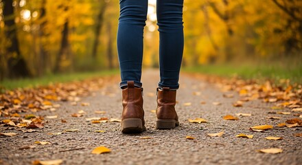 Pair of Boots Walking on Gravel Road with Autumn Leaves Emotional Travel and Fashion Concept Generative AI

