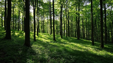 Obraz premium Sunlit Forest Path: A Tranquil Woodland Scene