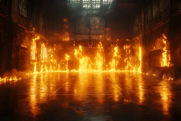 Obraz premium Intense Indoor Basketball Court Ablaze with Fire and Flames - Dramatic Concept for Creative Design