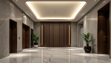 Fototapeta premium sophisticated recessed lighting feature photographed from a low angle in a minimalist lobby, in a luxurious architecture photography style, with slate gray tones, linear led light, high resolution