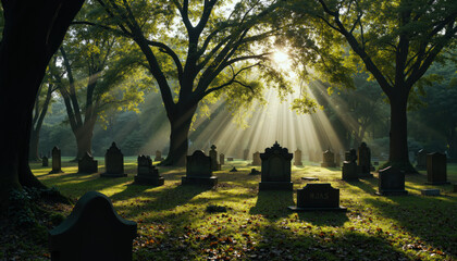 Morning Sunlight Piercing Through Trees in Peaceful Forest Cemetery, Illuminating Tombstones and Casting Long Shadows Over Mossy Graves in Serene Natural Burial Ground