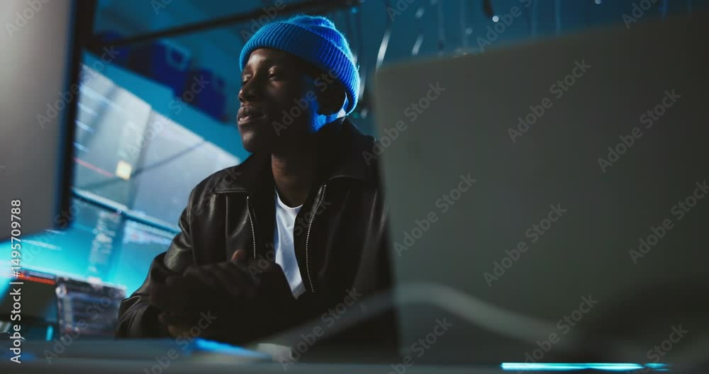 Fototapete Computer, thinking and man at night for programming, software update and cybersecurity. Professional, working late and person on pc for website development, user interface and online AI system
