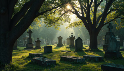 Morning Sunlight Piercing Through Trees in Peaceful Forest Cemetery, Illuminating Tombstones and Casting Long Shadows Over Mossy Graves in Serene Natural Burial Ground