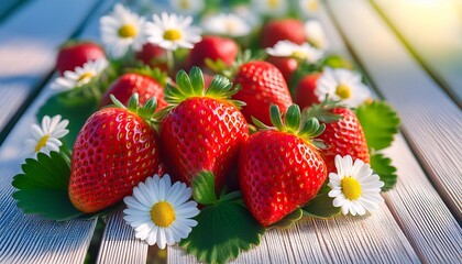 strawberries and daisies displayed a vibrant arrangement of red strawberries and white daisies brings freshness to a bright summer day