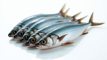 Isolated Fresh Sardines Aligned on White Surface