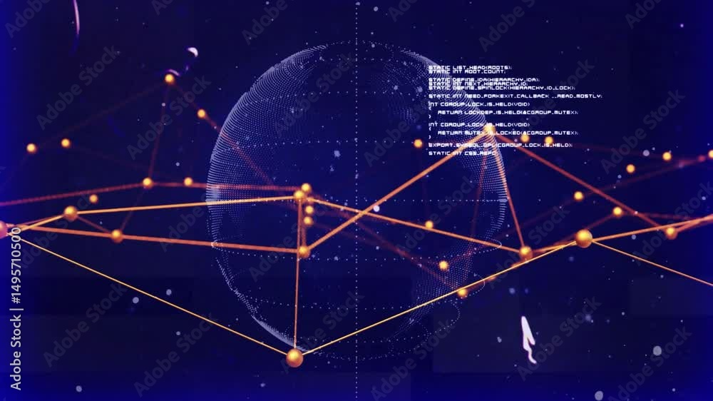 Poster on loading digital globe emerging, rotating and forming nodes and lines for global data view