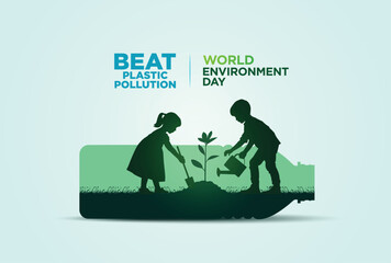Fototapeta na wymiar #BeatPlasticPollution, World Environment day concept 2025 3d tree background. 
