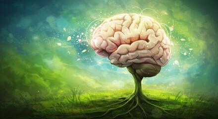 Conceptual Illustration of Brain as Growing Tree with Roots - Thought Nature Connection
