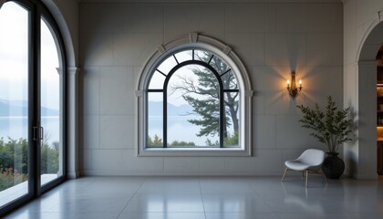 sophisticated arched window wall photographed from a direct angle in a lakeside retreat, in a luxurious architecture photography style, with soft gray blue tones, morning mist light, high resolution
