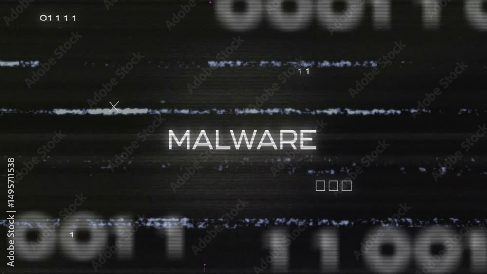 Poster binary digits drifting over dark screen starting glitching morphing into malware pulsing circuits