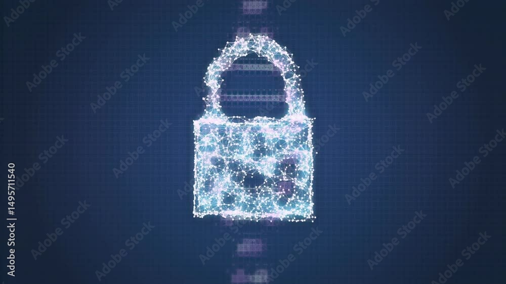 Poster network icon coalescing into cloud becoming padlock on encryption cue, forming shield securing data