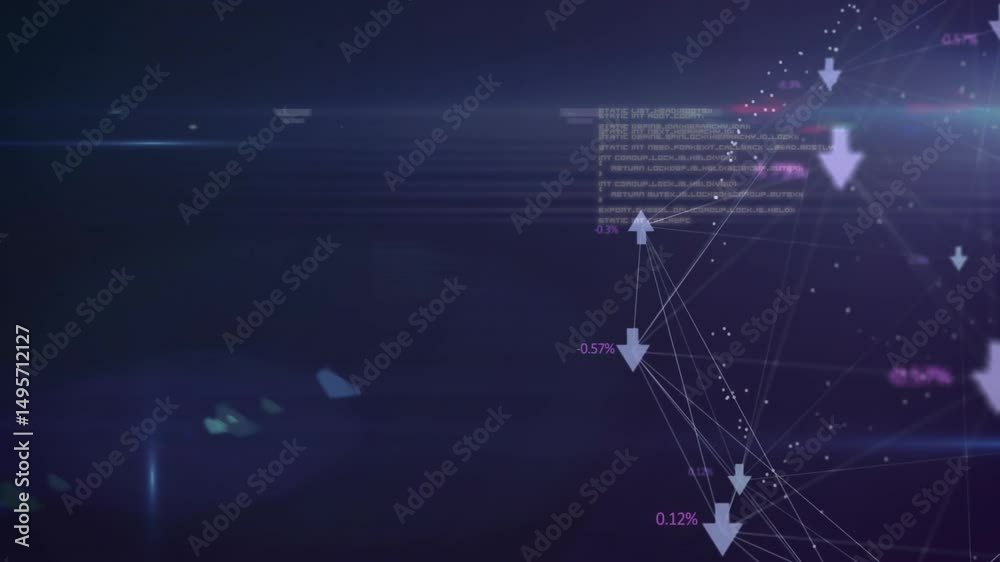 Poster at start abstract data network forming nodes and arrows updating values while showing data trends