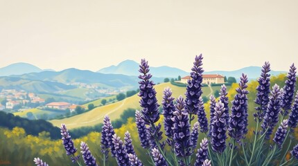 Fototapeta premium Rural Landscape with Grass and Hills with Lavender in the Foreground